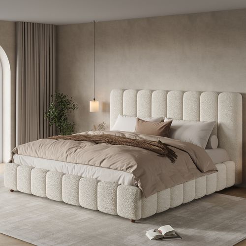 Lit Coffre 160x200 Cm, Ouverture Hydraulique, Tissu Bouclé, Pieds En Bois, Métal, Couleur Blanc