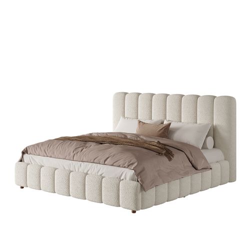 Lit Coffre 160x200 Cm, Ouverture Hydraulique, Tissu Bouclé, Pieds En Bois, Métal, Couleur Blanc