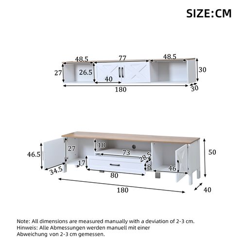 Meuble TV Mural 180x40x50 Cm, Set 2 Pièces,  4 Portes, 1 Tiroir, 3 Niches, Mdf, Blanc+bois