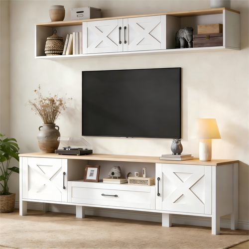 Meuble TV Mural 180x40x50 Cm, Set 2 Pièces,  4 Portes, 1 Tiroir, 3 Niches, Mdf, Blanc+bois