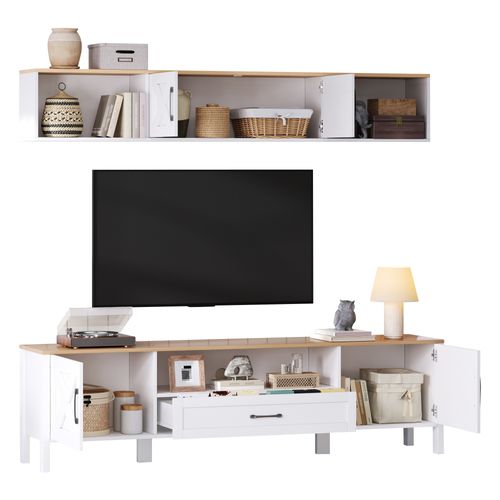 Meuble TV Mural 180x40x50 Cm, Set 2 Pièces,  4 Portes, 1 Tiroir, 3 Niches, Mdf, Blanc+bois