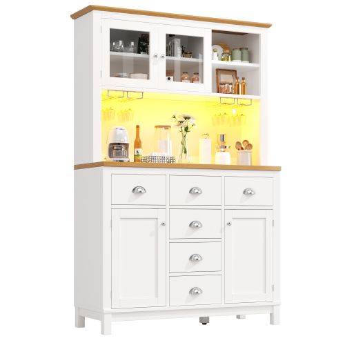 Buffet Haut De Cuisine 104x40x180 Cm, 6 Tiroirs, 4 Portes, LED, Mdf, Couleur Blanc+bois