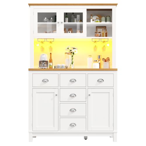 Buffet Haut De Cuisine 104x40x180 Cm, 6 Tiroirs, 4 Portes, LED, Mdf, Couleur Blanc+bois