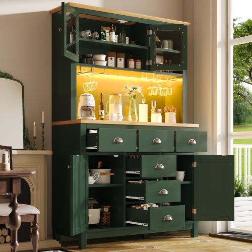 Buffet Haut De Cuisine 104x40x180 Cm, 6 Tiroirs, 4 Portes, 3 Niches, Mdf, Vert+bois