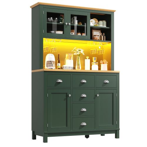 Buffet Haut De Cuisine 104x40x180 Cm, 6 Tiroirs, 4 Portes, 3 Niches, Mdf, Vert+bois