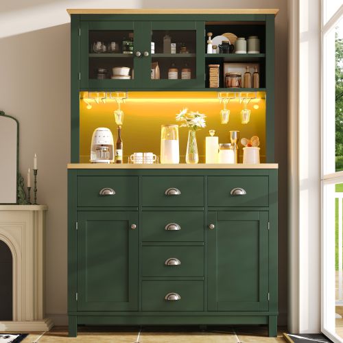 Buffet Haut De Cuisine 104x40x180 Cm, 6 Tiroirs, 4 Portes, 3 Niches, Mdf, Vert+bois