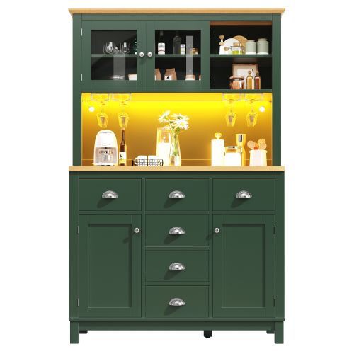 Buffet Haut De Cuisine 104x40x180 Cm, 6 Tiroirs, 4 Portes, 3 Niches, Mdf, Vert+bois