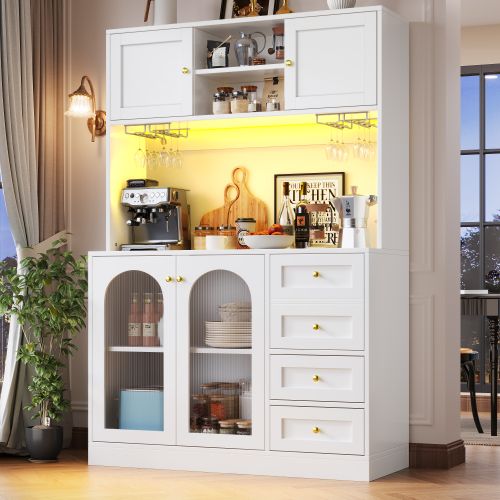 Buffet De Cuisine 120x40x188 Cm, 4 Portes Et 3 Tiroirs, 3 Niches, Éclairage LED, Mdf, Blanc