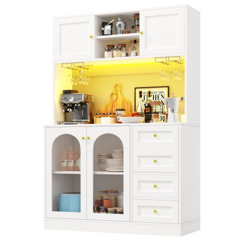 Buffet De Cuisine 120x40x188 Cm, 4 Portes Et 3 Tiroirs, 3 Niches, Éclairage LED, Mdf, Blanc