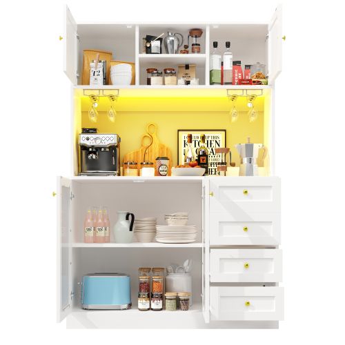 Buffet De Cuisine 120x40x188 Cm, 4 Portes Et 3 Tiroirs, 3 Niches, Éclairage LED, Mdf, Blanc