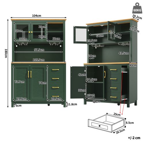 Buffet De Rangement 104x40x180 Cm, 4 Portes, Rangement à 2 Niveaux, LED, Mdf, Couleur Vert+bois