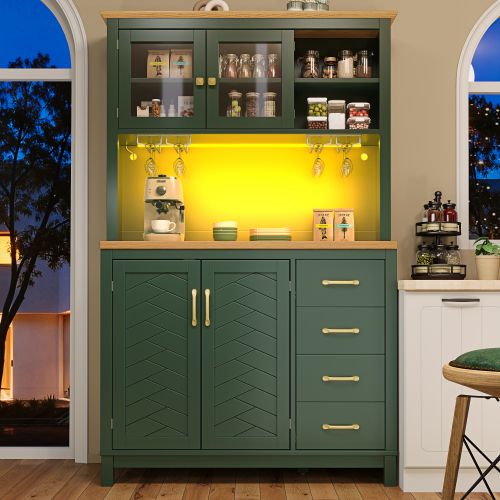 Buffet De Rangement 104x40x180 Cm, 4 Portes, Rangement à 2 Niveaux, LED, Mdf, Couleur Vert+bois