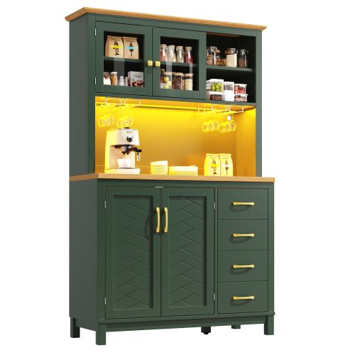 Buffet De Rangement 104x40x180 Cm, 4 Portes, Rangement à 2 Niveaux, LED, Mdf, Couleur Vert+bois