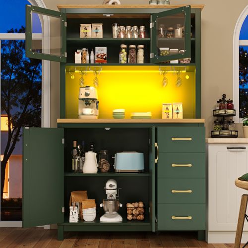 Buffet De Rangement 104x40x180 Cm, 4 Portes, Rangement à 2 Niveaux, LED, Mdf, Couleur Vert+bois