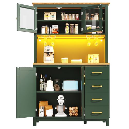 Buffet De Rangement 104x40x180 Cm, 4 Portes, Rangement à 2 Niveaux, LED, Mdf, Couleur Vert+bois