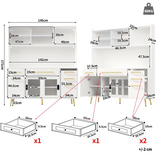 Buffet De Cuisine 145x39x171 Cm, Éclairage LED, 2 Tiroirs, 2 Niches, Mdf Ett Verre, Blanc+doré