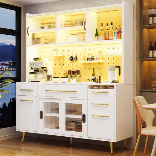 Buffet De Cuisine 145x39x171 Cm, Éclairage LED, 2 Tiroirs, 2 Niches, Mdf Ett Verre, Blanc+doré