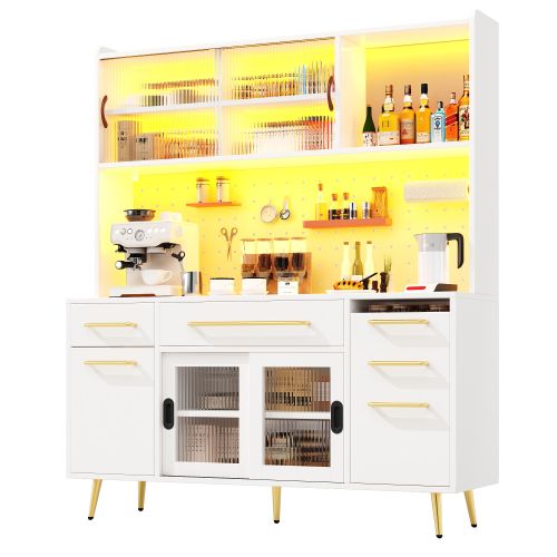 Buffet De Cuisine 145x39x171 Cm, Éclairage LED, 2 Tiroirs, 2 Niches, Mdf Ett Verre, Blanc+doré