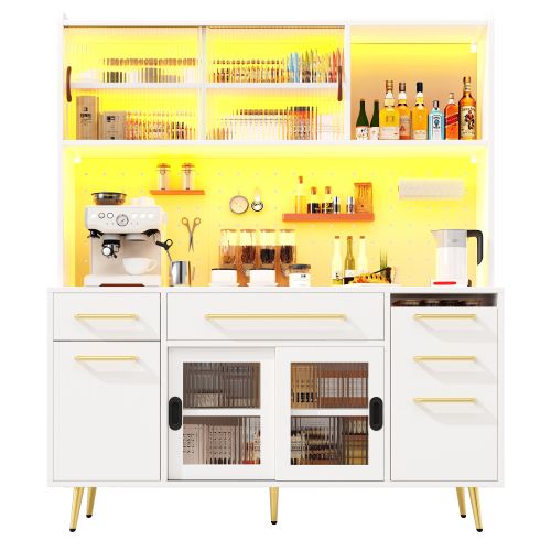 Buffet De Cuisine 145x39x171 Cm, Éclairage LED, 2 Tiroirs, 2 Niches, Mdf Ett Verre, Blanc+doré