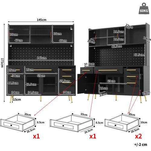 Buffet De Cuisine 145x39x171 Cm, LED Et Panneau Perforé, 2 Tiroirs, Mdf Et Verre, Couleur Noir+doré