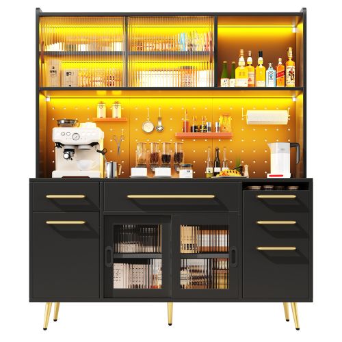 Buffet De Cuisine 145x39x171 Cm, LED Et Panneau Perforé, 2 Tiroirs, Mdf Et Verre, Couleur Noir+doré