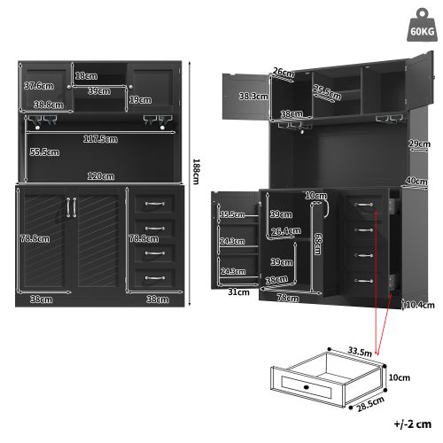 Buffet De Cuisine 120x40x188 Cm, Rangement Avec LED, 3 Niches, Mdf, Métal, Noir+argenté