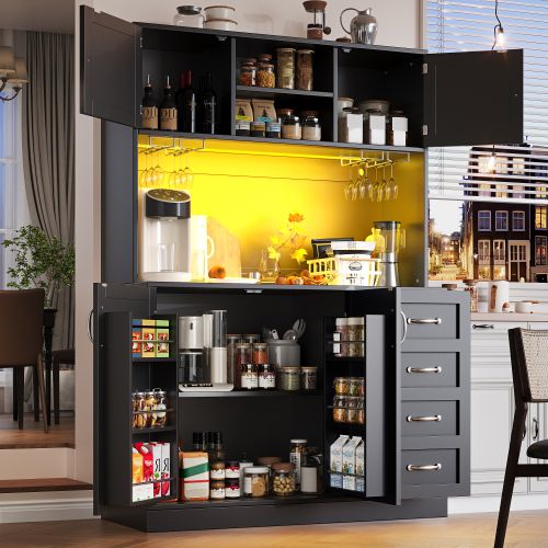 Buffet De Cuisine 120x40x188 Cm, Rangement Avec LED, 3 Niches, Mdf, Métal, Noir+argenté