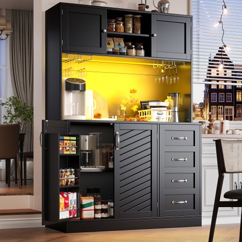 Buffet De Cuisine 120x40x188 Cm, Rangement Avec LED, 3 Niches, Mdf, Métal, Noir+argenté