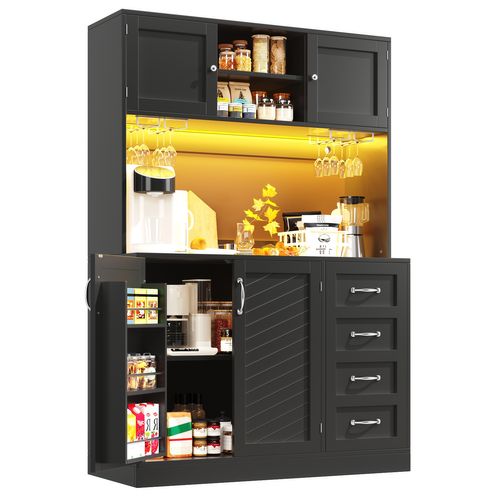 Buffet De Cuisine 120x40x188 Cm, Rangement Avec LED, 3 Niches, Mdf, Métal, Noir+argenté