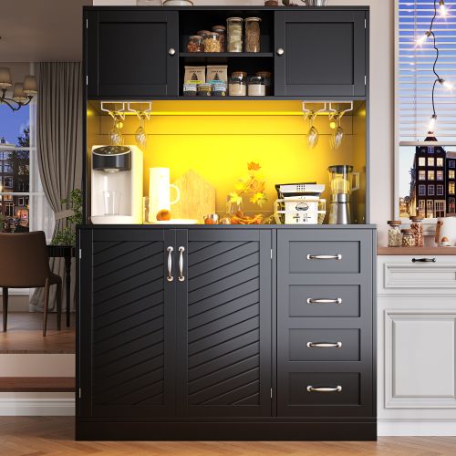 Buffet De Cuisine 120x40x188 Cm, Rangement Avec LED, 3 Niches, Mdf, Métal, Noir+argenté