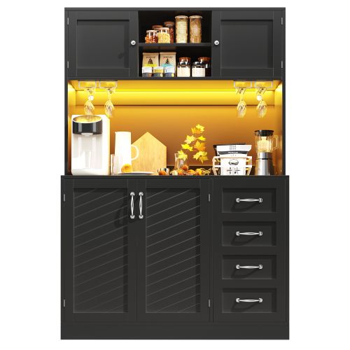 Buffet De Cuisine 120x40x188 Cm, Rangement Avec LED, 3 Niches, Mdf, Métal, Noir+argenté