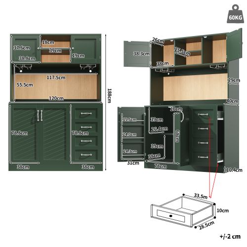 Buffet De Cuisine 120x40x188 Cm, Éclairage LED, 4 Portes, Mdf, Poignées Métal Argenté, Vert+bois