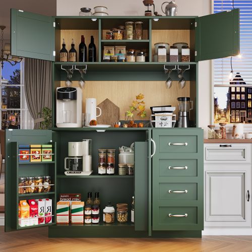 Buffet De Cuisine 120x40x188 Cm, Éclairage LED, 4 Portes, Mdf, Poignées Métal Argenté, Vert+bois