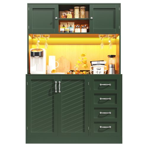 Buffet De Cuisine 120x40x188 Cm, Éclairage LED, 4 Portes, Mdf, Poignées Métal Argenté, Vert+bois