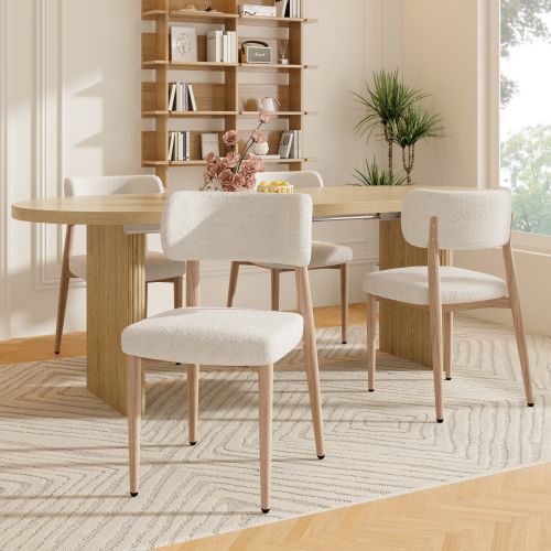 Lot De 2 Chaises Salle à Manger 53x50x84 Cm, Bois Et Métal, Assise Bouclé, Couleur Bois+beige