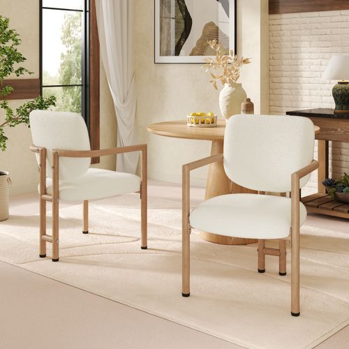 Lot De 4 Chaises Avec Accoudoirs 61x57.5x90cm, Tissu Bouclé, Métal, Effet Bois, Bois+beige