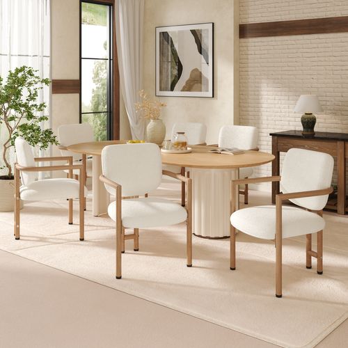 Lot De 4 Chaises Avec Accoudoirs 61x57.5x90cm, Tissu Bouclé, Métal, Effet Bois, Bois+beige