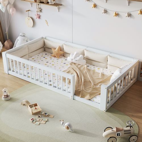 Lit Enfant 90x200 Cm, Lit Simple, Barrière De Sécurité, Bois Et Mdf, Coloris Blanc