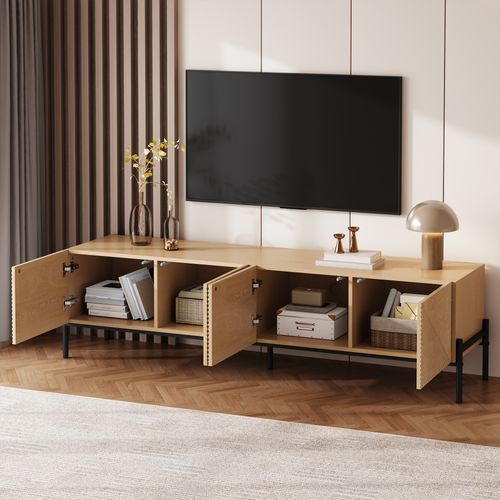 Meuble TV 163,5x40x45 Cm, 4 Portes Battantes, Mdf, Métal, Couleur Bois+noir