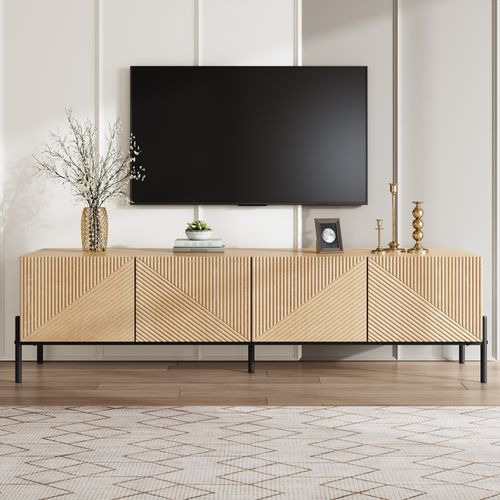 Meuble TV 163,5x40x45 Cm, 4 Portes Battantes, Mdf, Métal, Couleur Bois+noir