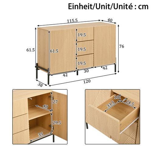 Buffet Bas 115,5x40x76 Cm, 3 Tiroirs, Portes Relief Géométrique, Mdf, Pieds En Fer, Bois+noir