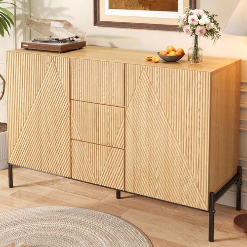 Buffet Bas 115,5x40x76 Cm, 3 Tiroirs, Portes Relief Géométrique, Mdf, Pieds En Fer, Bois+noir