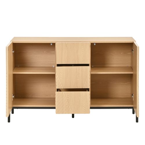 Buffet Bas 115,5x40x76 Cm, 3 Tiroirs, Portes Relief Géométrique, Mdf, Pieds En Fer, Bois+noir