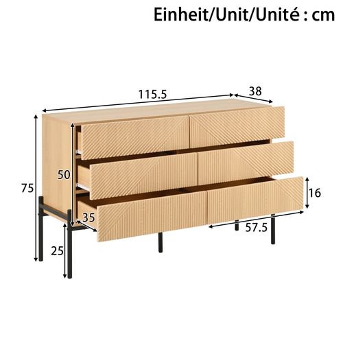 Buffet Bas 115,5x38x75 Cm, 6 Tiroirs, Motif 3d Diagonal, Mdf, Métal, Bois+noir