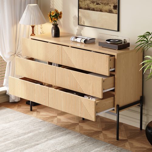 Buffet Bas 115,5x38x75 Cm, 6 Tiroirs, Motif 3d Diagonal, Mdf, Métal, Bois+noir