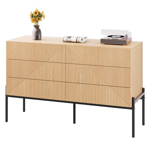 Buffet Bas 115,5x38x75 Cm, 6 Tiroirs, Motif 3d Diagonal, Mdf, Métal, Bois+noir