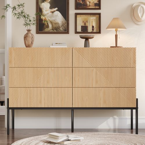 Buffet Bas 115,5x38x75 Cm, 6 Tiroirs, Motif 3d Diagonal, Mdf, Métal, Bois+noir