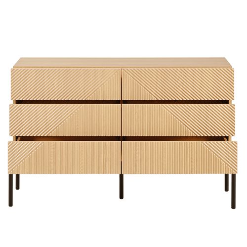 Buffet Bas 115,5x38x75 Cm, 6 Tiroirs, Motif 3d Diagonal, Mdf, Métal, Bois+noir