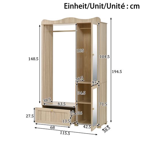 Armoire Dressing 115,5x38,5x194,5 Cm, Porte Avec Miroir, Penderie Ouverte, Tiroir, Mdf, Couleur Bois