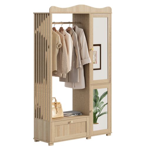 Armoire Dressing 115,5x38,5x194,5 Cm, Porte Avec Miroir, Penderie Ouverte, Tiroir, Mdf, Couleur Bois